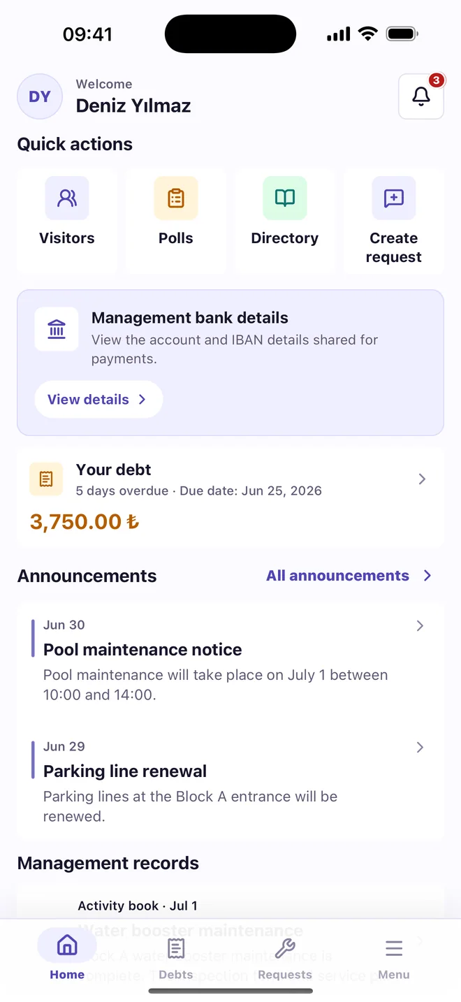 Liyova Resident mobile app home screen